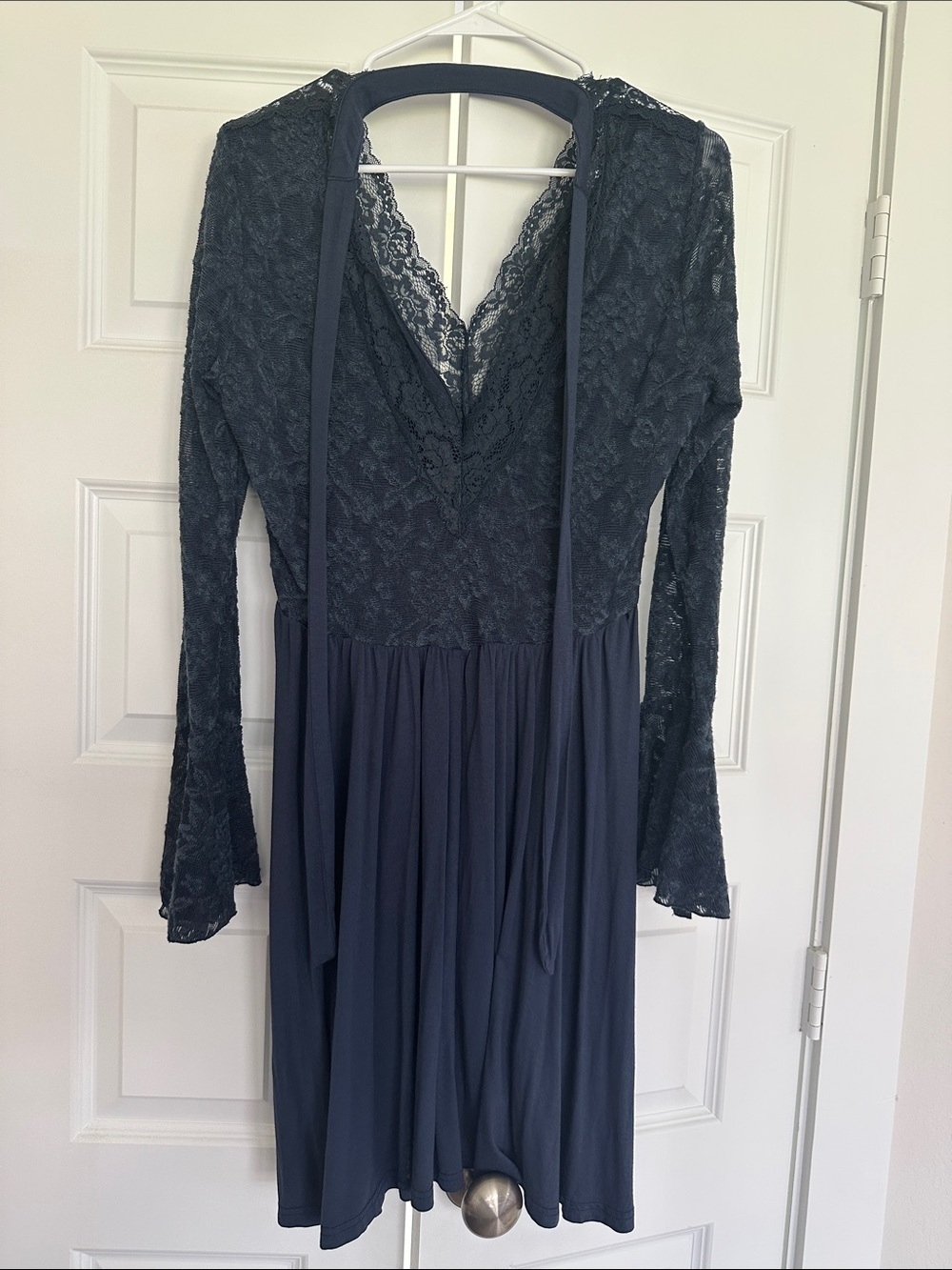 Joyfolie Navy Lace Long Sleeve V-Neck Dress with Sash
